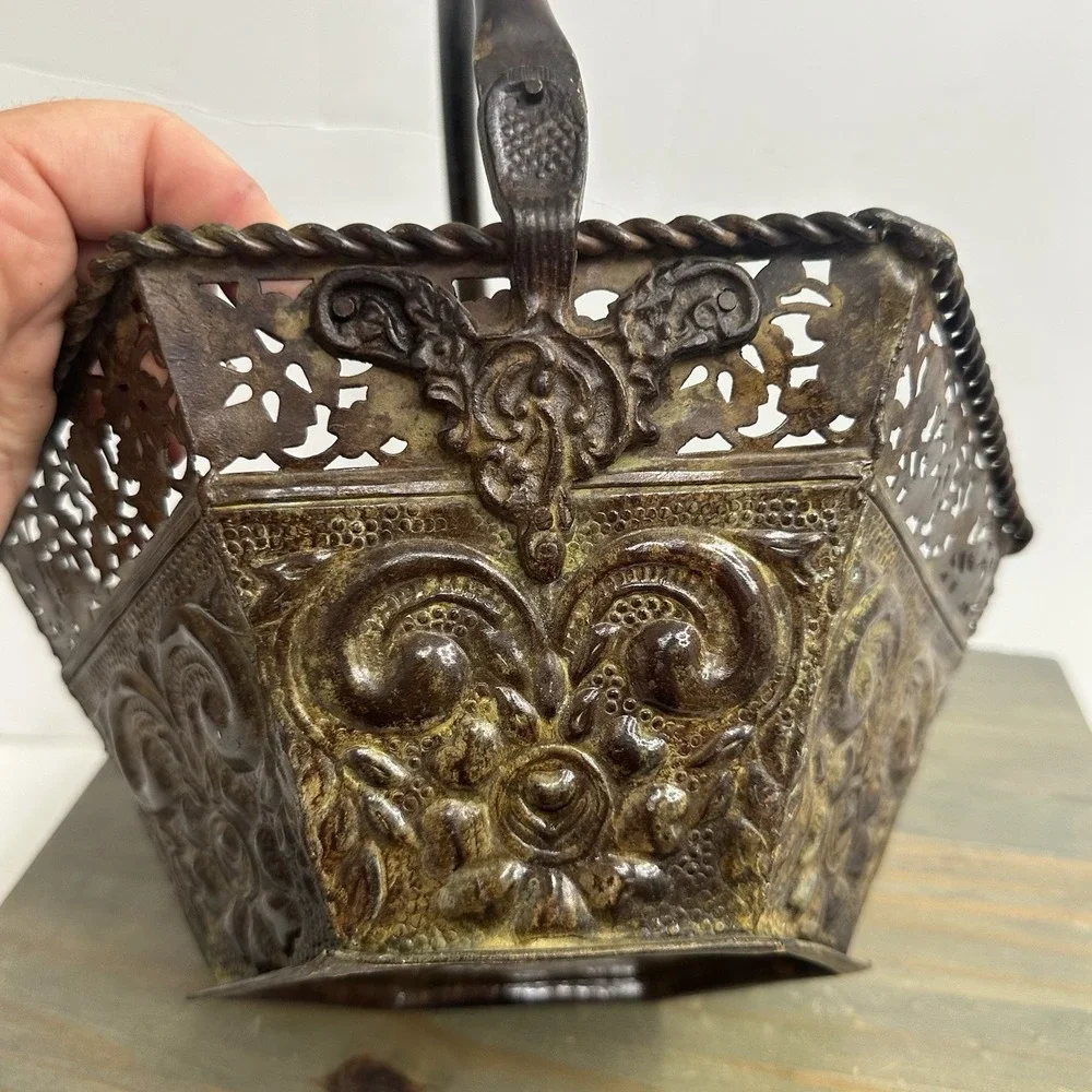 Vintage Antiqued Bronze Tone Metal Basket Ornate Swing Handle Fruit Wedding 10